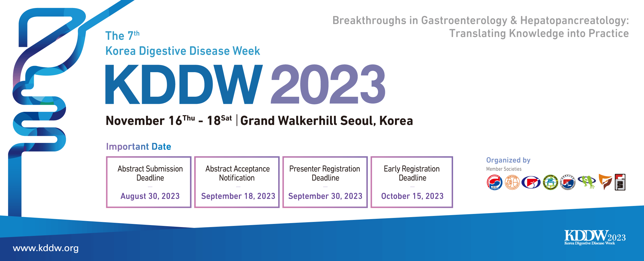 the Korea Digestive Disease Week 2023 (for short “KDDW 2023”) will be held from November 16 (Thu) to 18 (Sat), 2023 at the Grand Walkerhill Seoul, in Seoul, Korea.